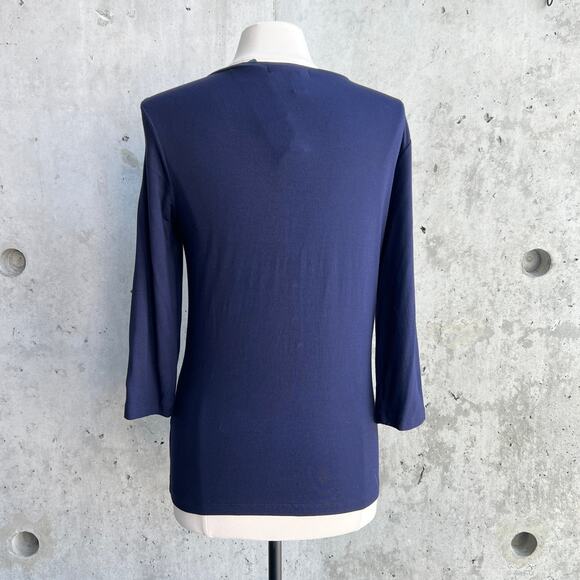 Lauren Ralph Lauren Size M Navy Blue Y2K V-Neck Henley Top 3/4 Sleeve Stretch - Picture 4 of 10